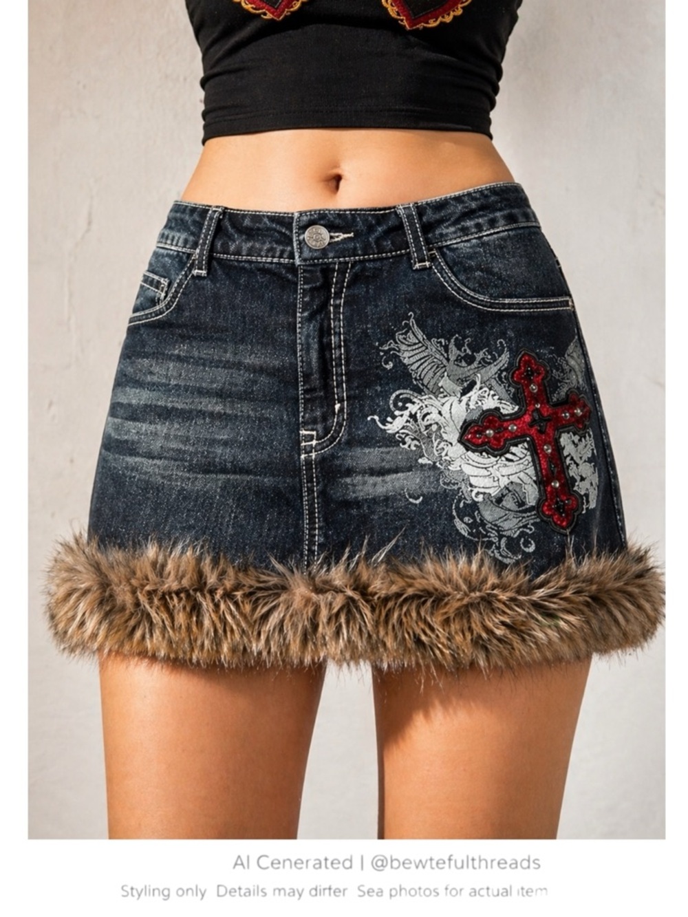 Y2K Goth Denim Mini Skirt Faux Fur Hem Cross Embroidery XL Alt Grunge